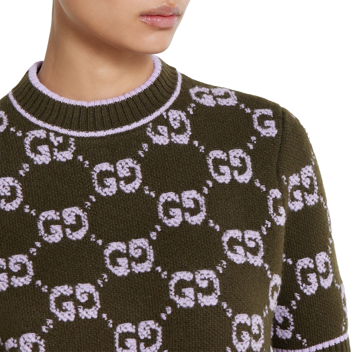 Y*マ様 Gucci Multicolor Wool and Leather J GG wool bouclé jacquard top in forest green and lilac