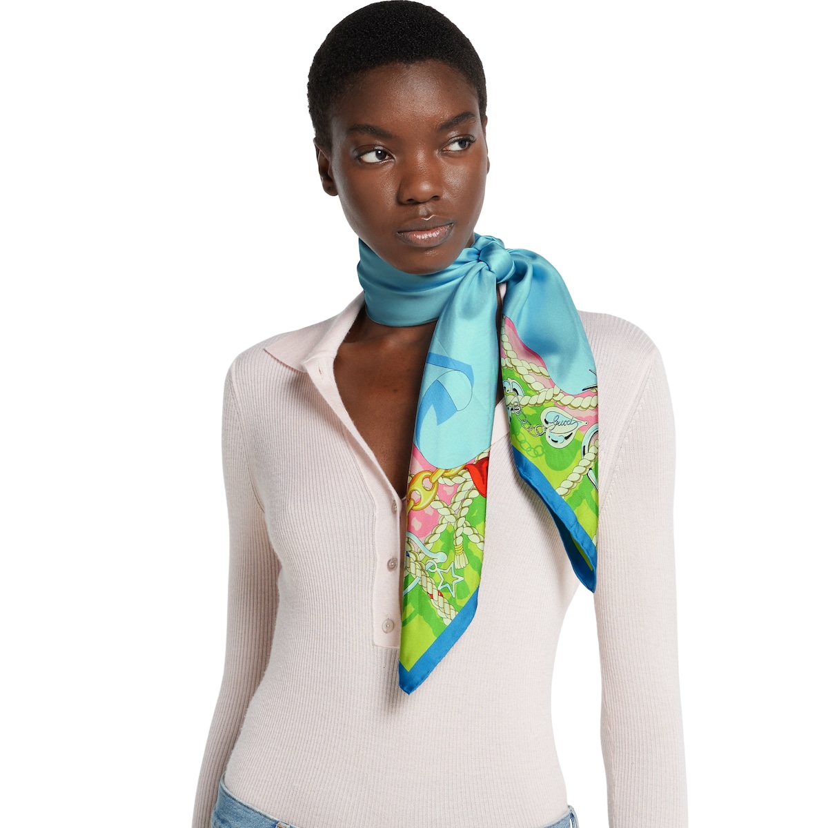 90 x 90 プロジェクト プリント シルクスカーフ ・ライトブルー