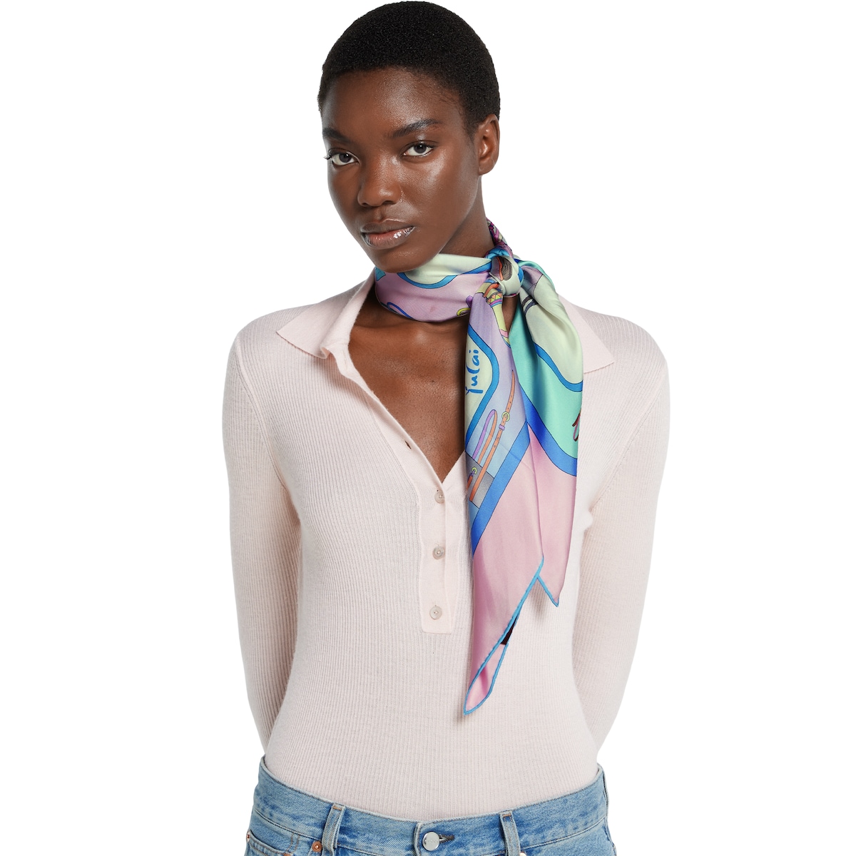 90 x 90 project printed silk carré in light blue and pink