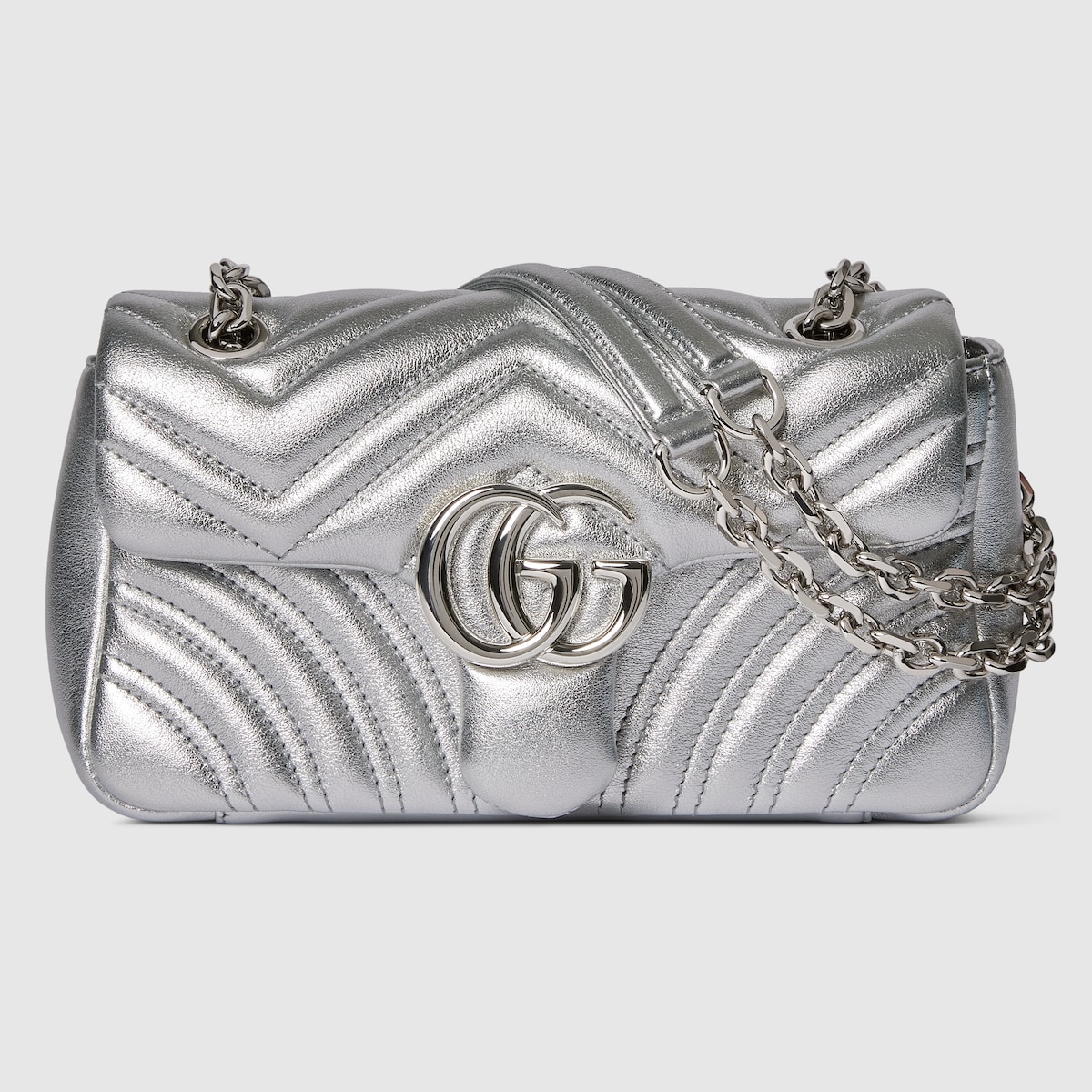 GG Marmont small shoulder bag in silver lamé leather | GUCCI® US