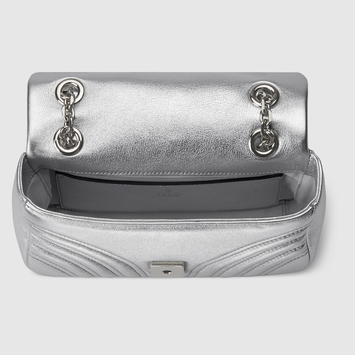 GG Marmont small shoulder bag in silver lamé leather | GUCCI® US