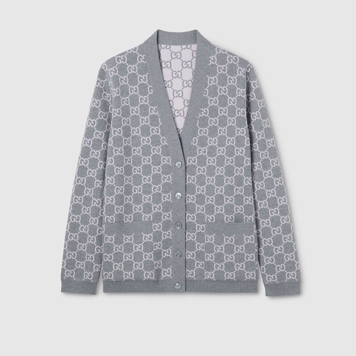 Reversible GG fine wool jacquard cardigan in light pink and grey