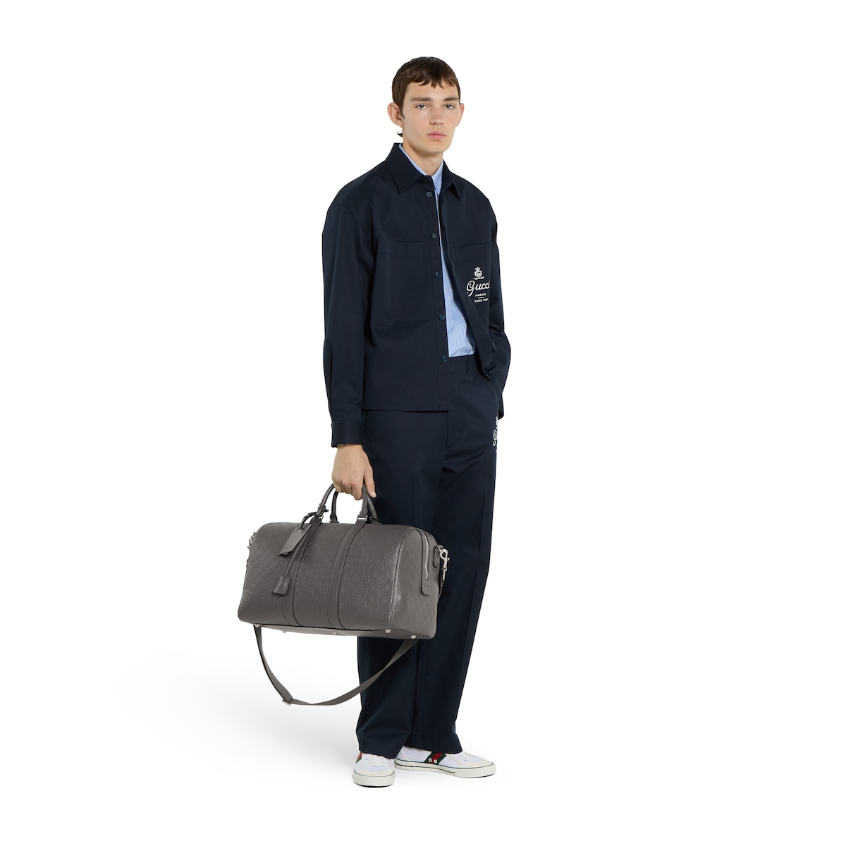 GG Emblem medium duffle bag in grey GG leather - thumbnail 7
