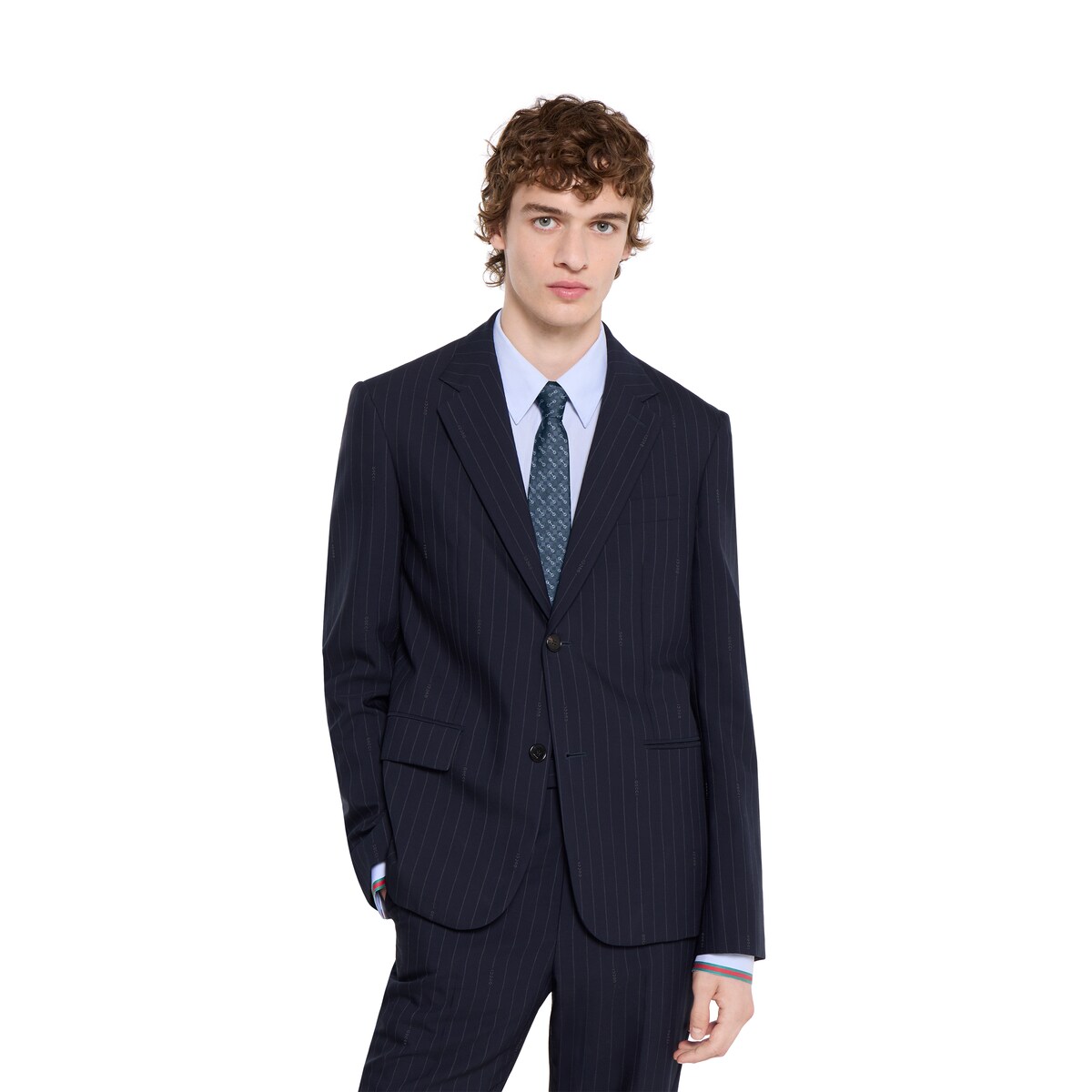 Horsebit silk jacquard tie in navy and light blue
