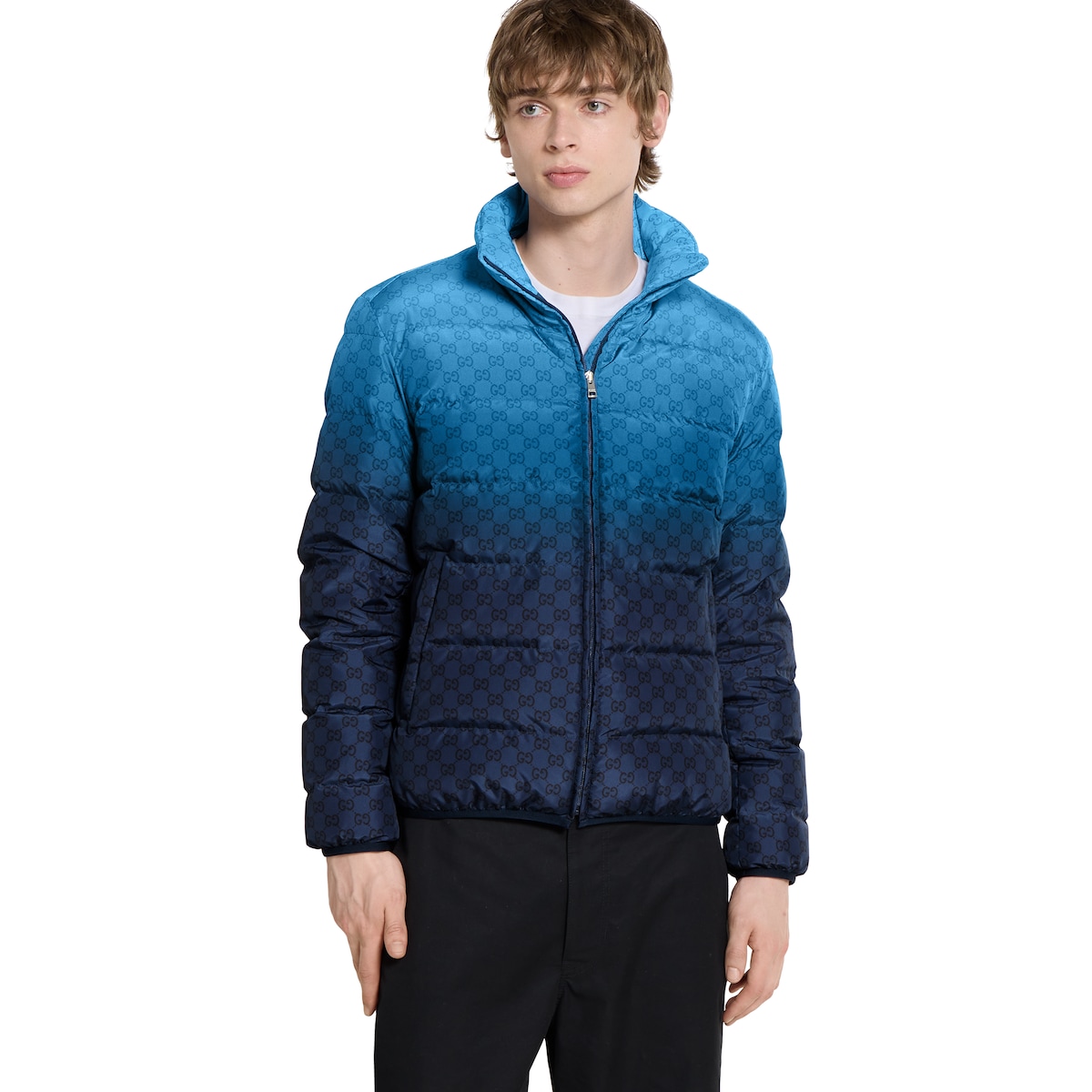 Printed technical poplin zip jacket in gradient light blue to blue