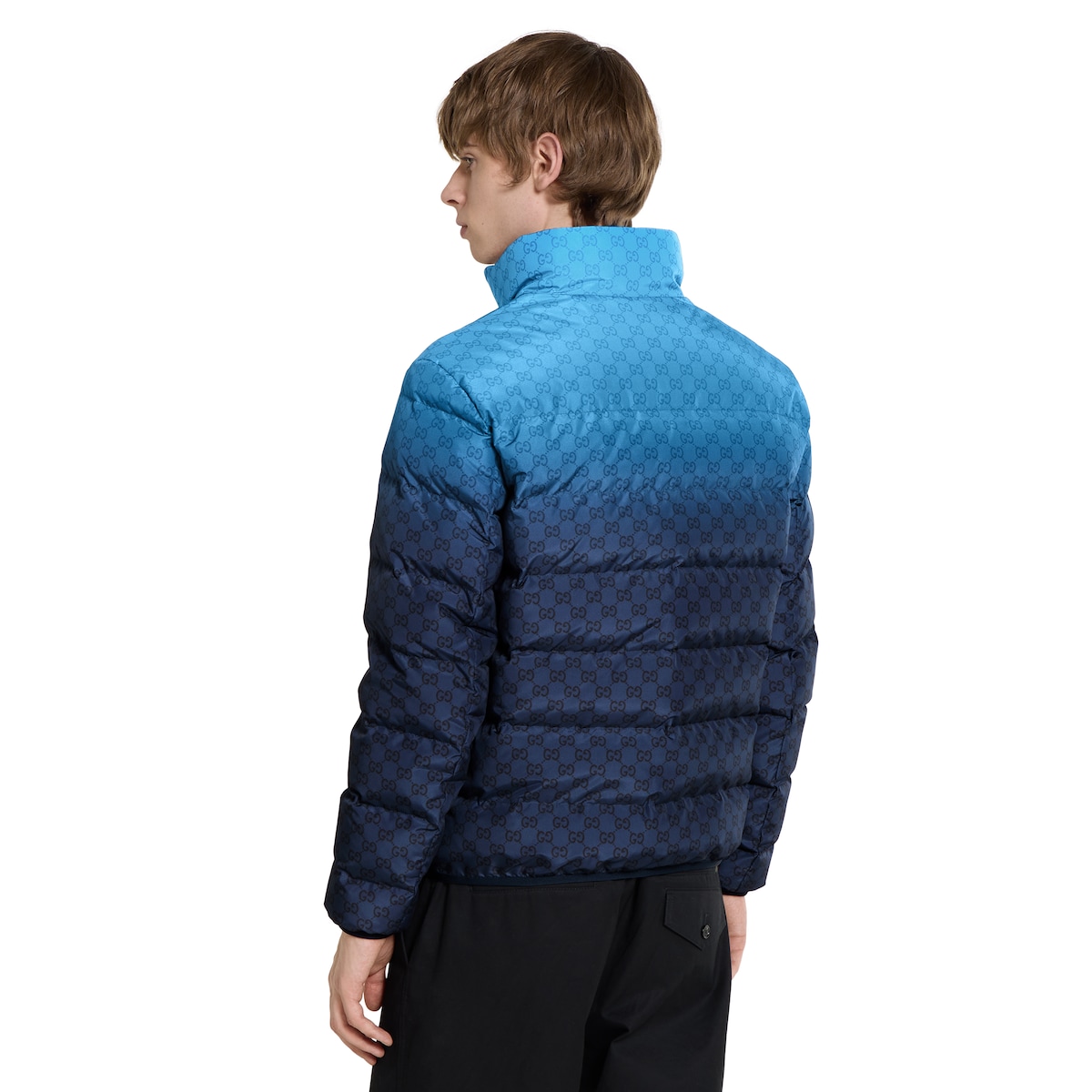 グッチフード付きジャケット Printed technical poplin zip jacket in gradient light blue to blue