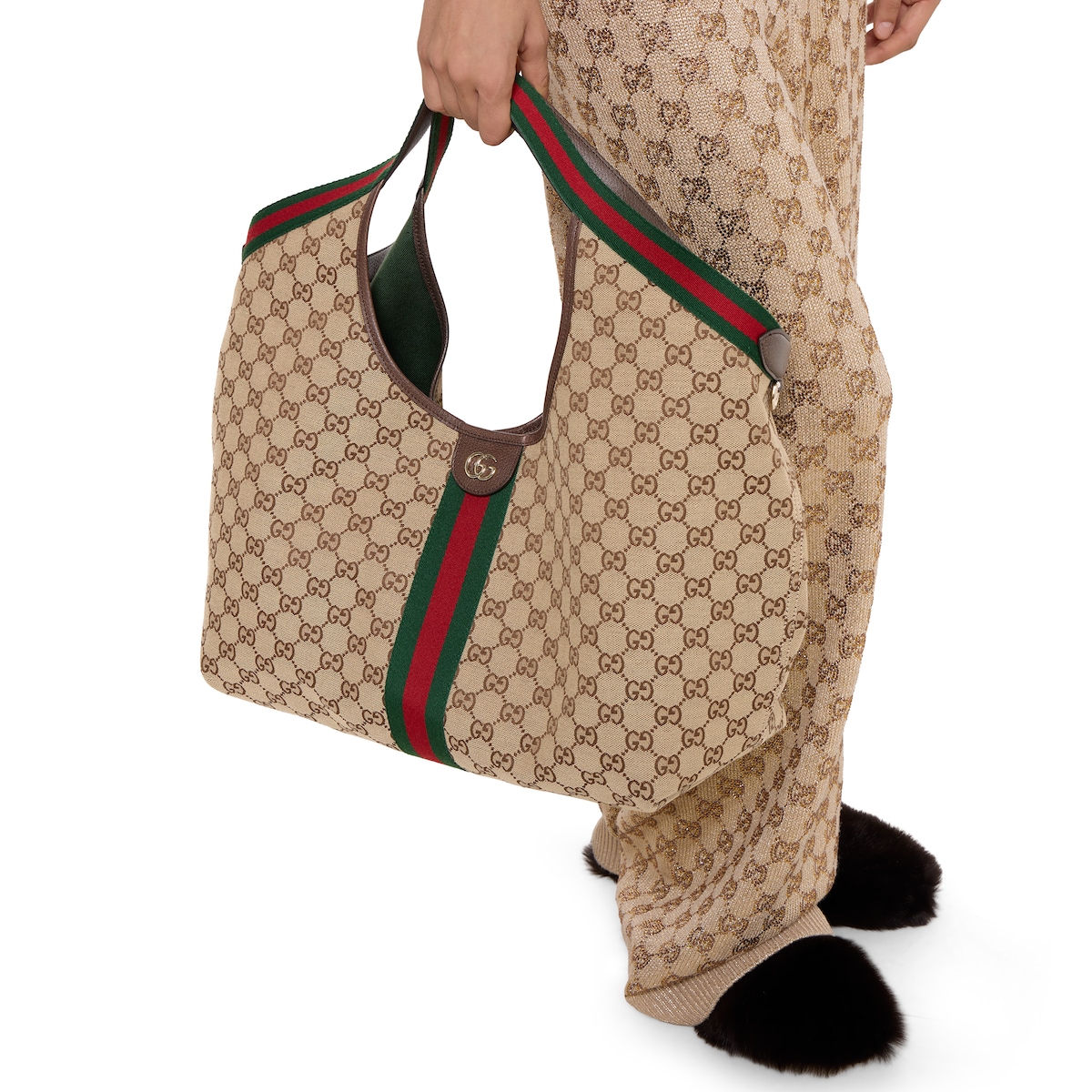 グッチ ジリオ〕ラージ トートバッグ ・ベージュ＆ブラウン GG