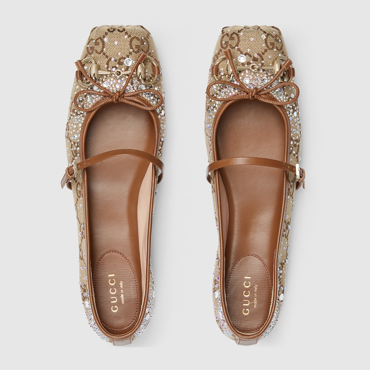 Women's GG crystal Gucci Horsebit ballet flat in beige and dark