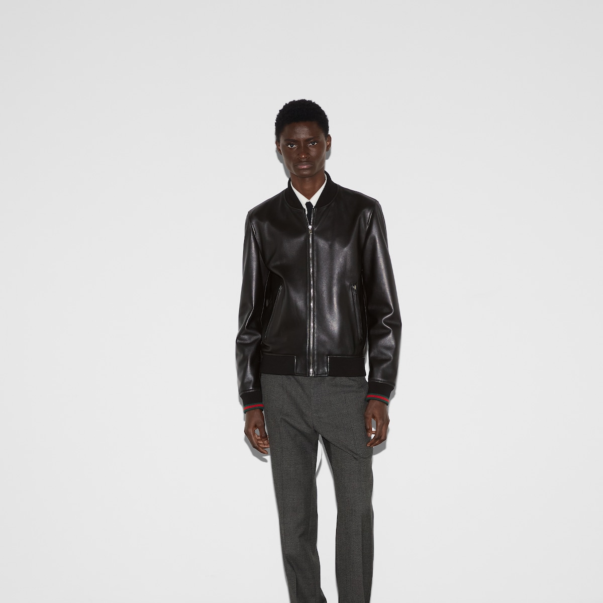 Leather bomber jacket with Web in black | GUCCI® US