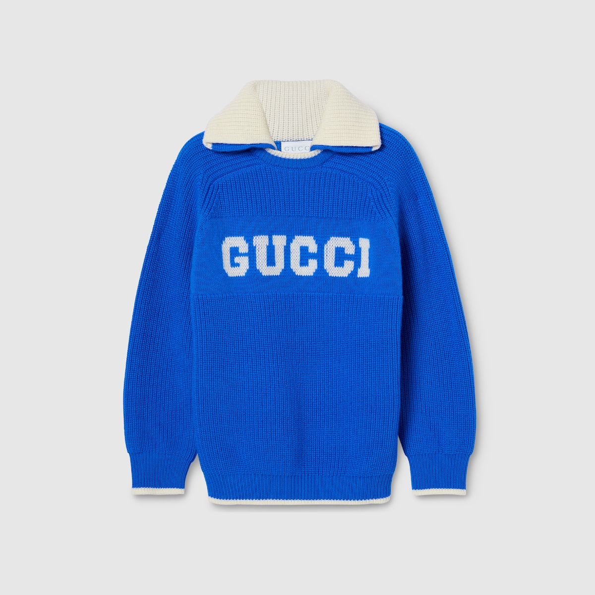 Children's wool polo sweater in blue and white - thumbnail 3