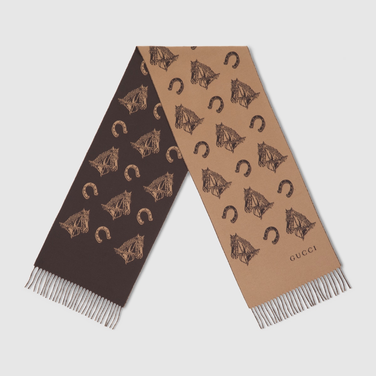 Silk wool equestrian jacquard scarf in camel and light brown