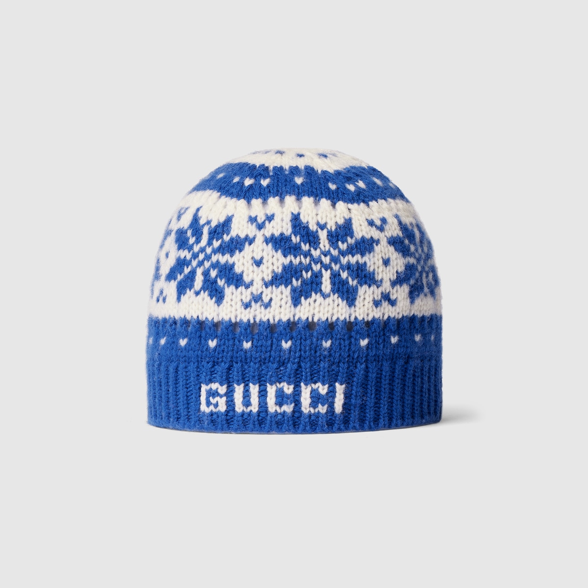 Baby hat with Gucci logo in blue and ivory