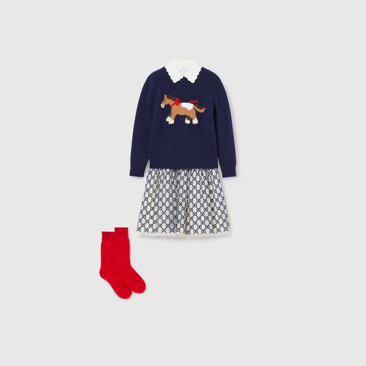 Children's embroidered GG nylon skirt in navy and off white - thumbnail 4
