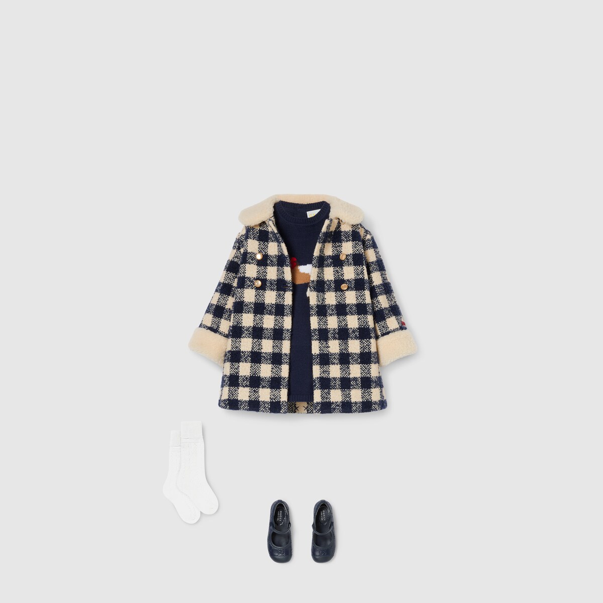 Baby gingham wool coat in blue and ivory