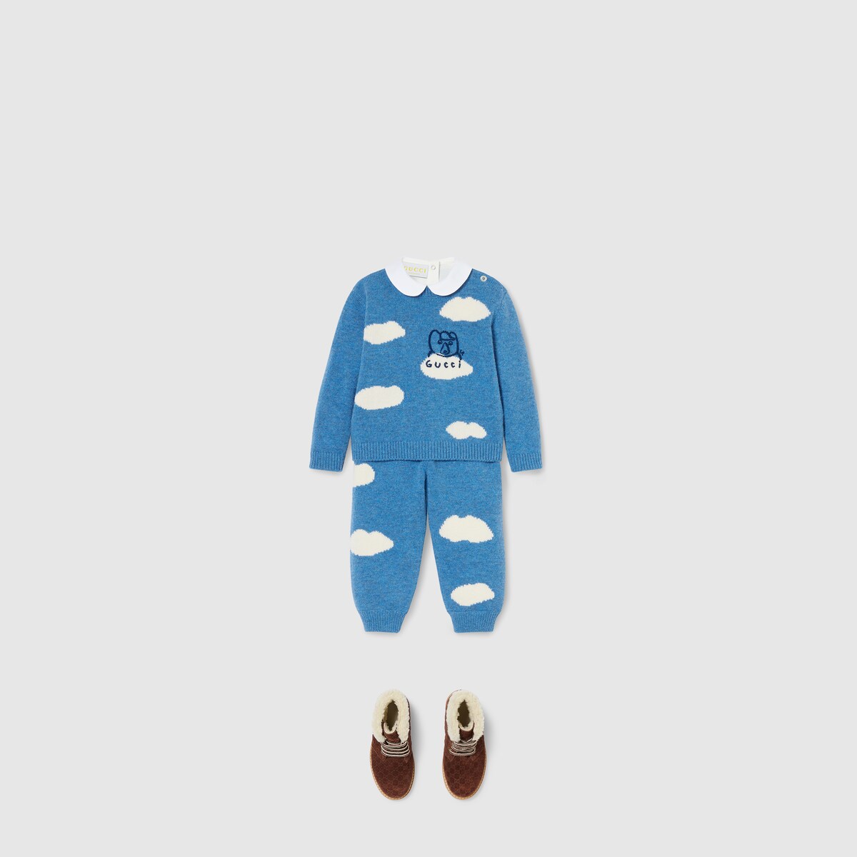 Baby wool sweater with embroidery in light blue and white