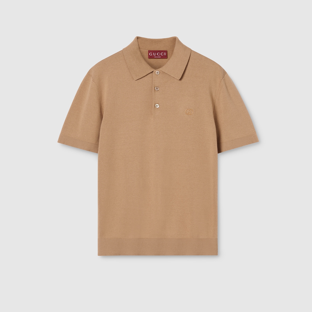 Silk cotton polo shirt with embroidery in light brown | GUCCI® US