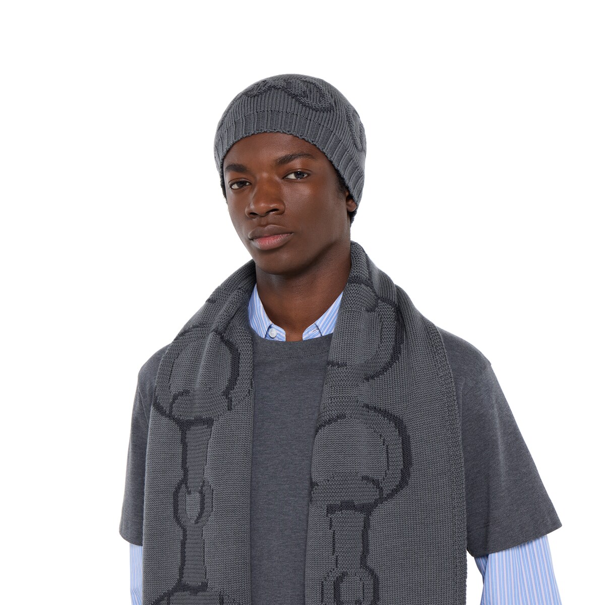 Wool scarf with Horsebit detail in navy - thumbnail 5