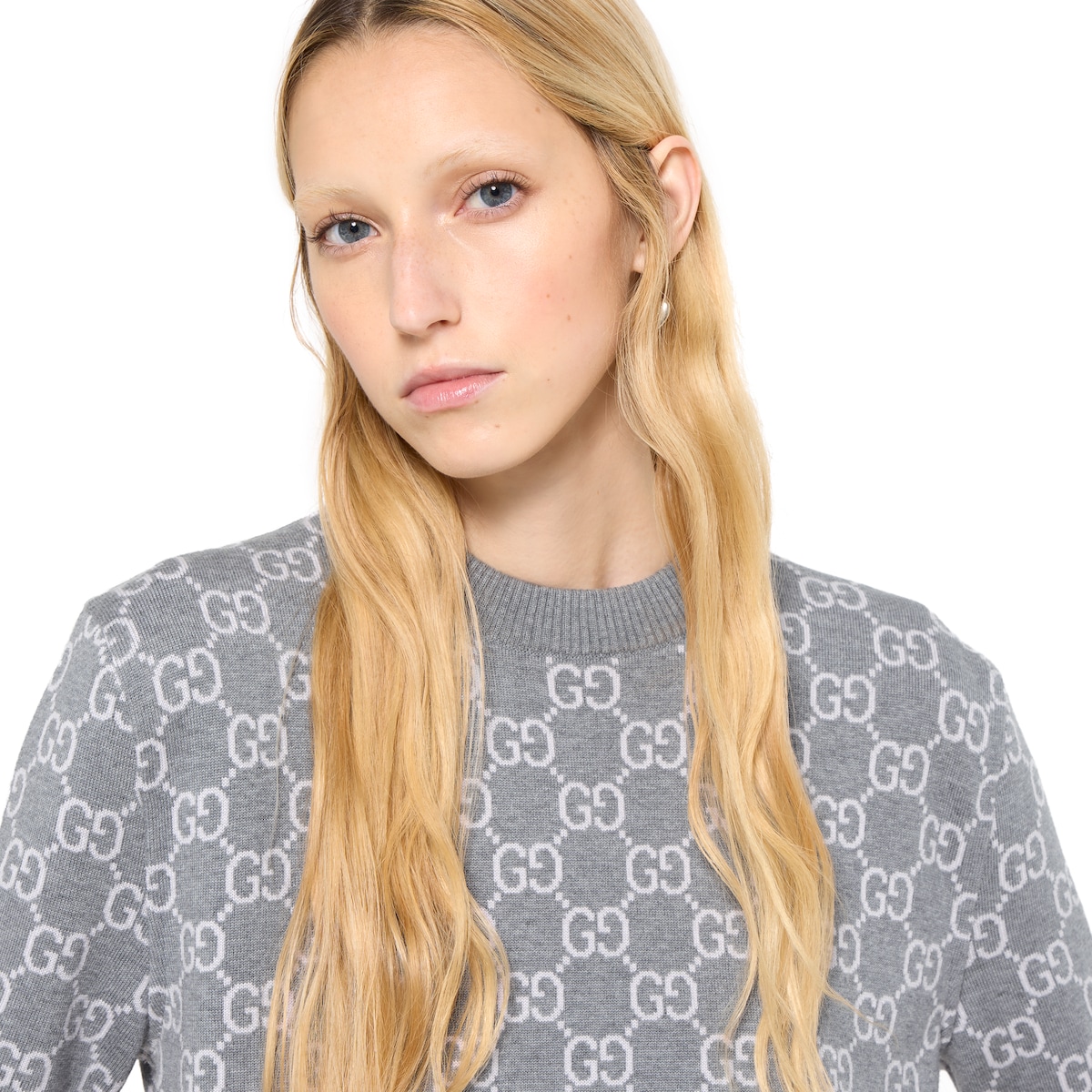 Reversible GG fine wool jacquard top in light pink and grey