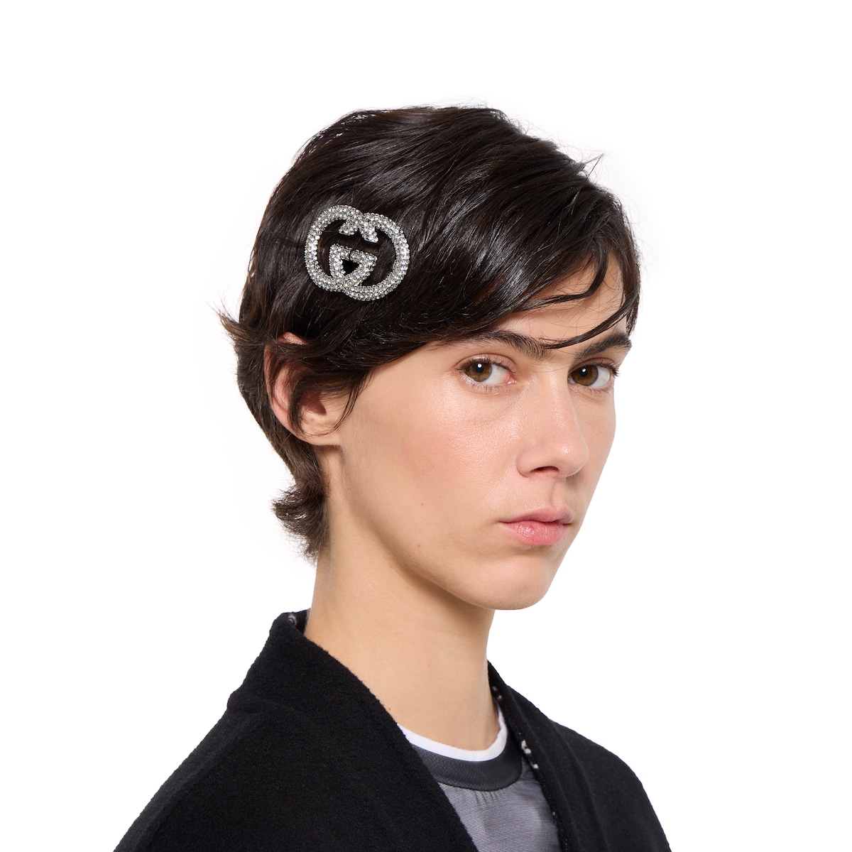 クリスタル付き インターロッキングG ヘアクリップ ・パラジウムトーン | GUCCI公式