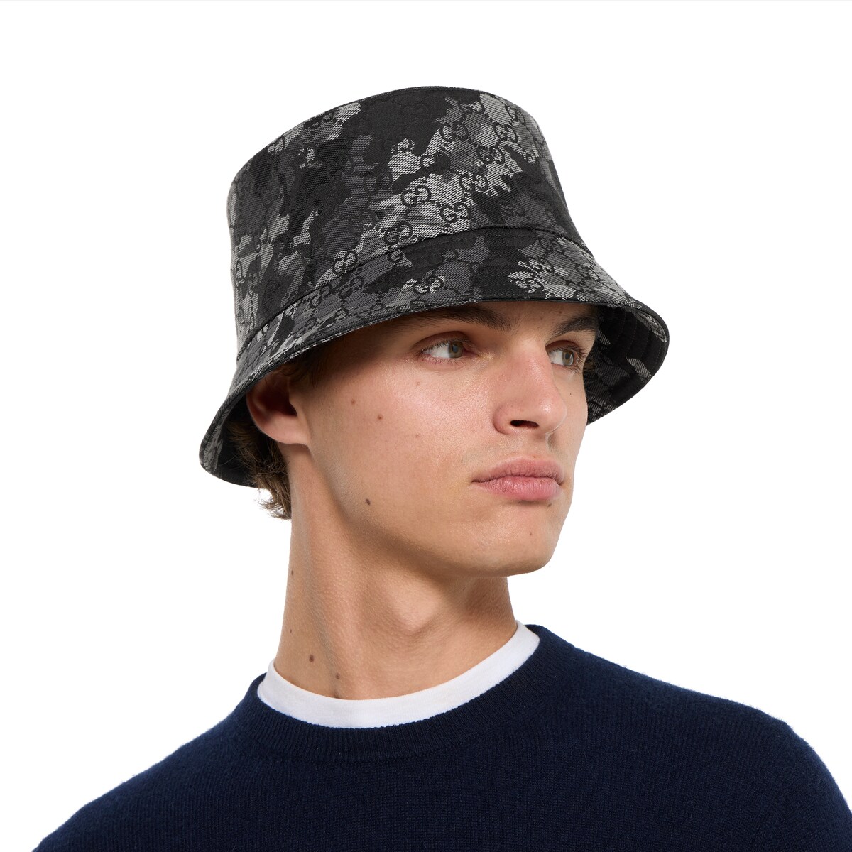 GG marbled canvas bucket hat in black and grey
