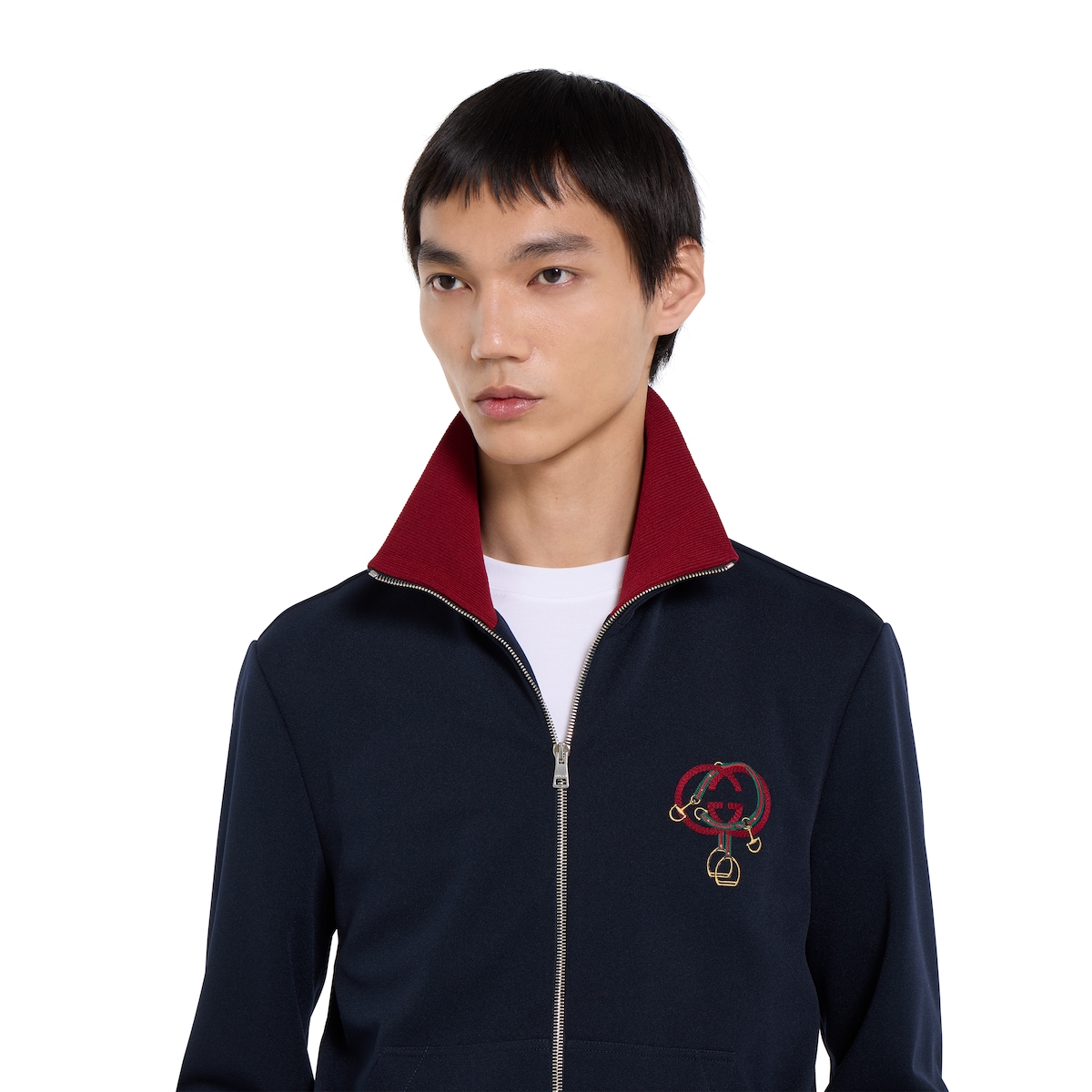 グッチ ジャージー ジャケット Technical jersey zip jacket with embroidery in dark blue | GUCCI® US