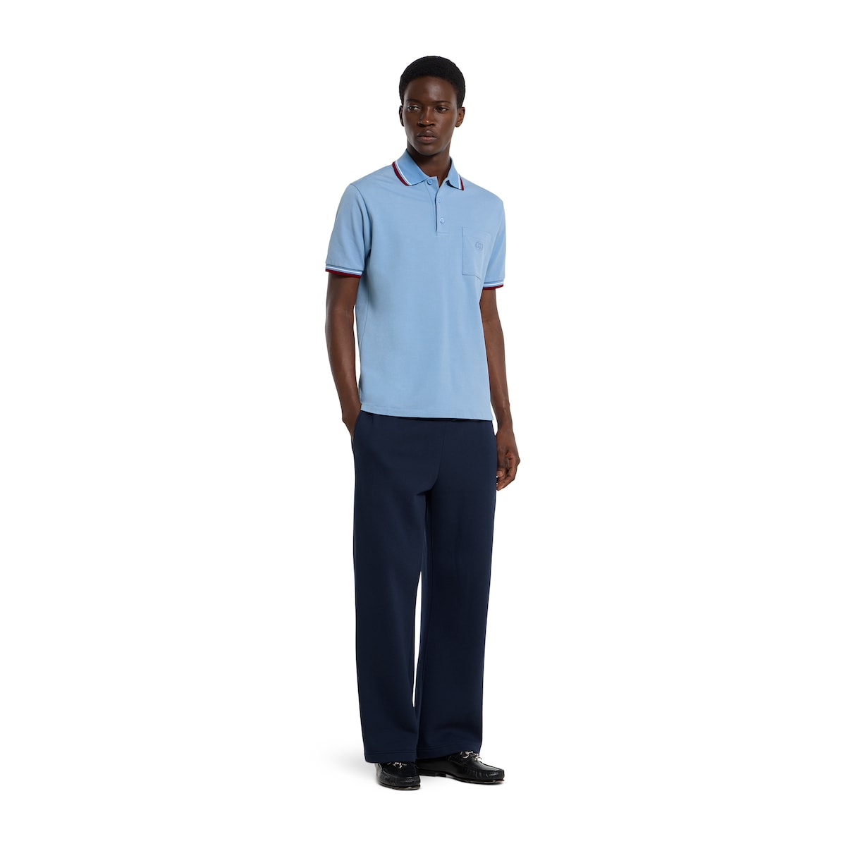 Cotton piquet polo shirt with embroidery in light blue | GUCCI® US