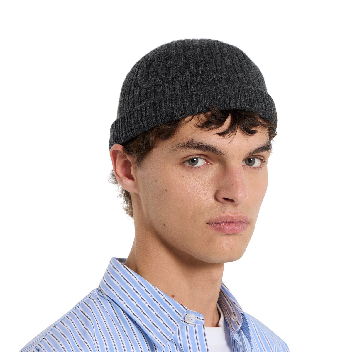 Rib knit wool hat in grey and blue
