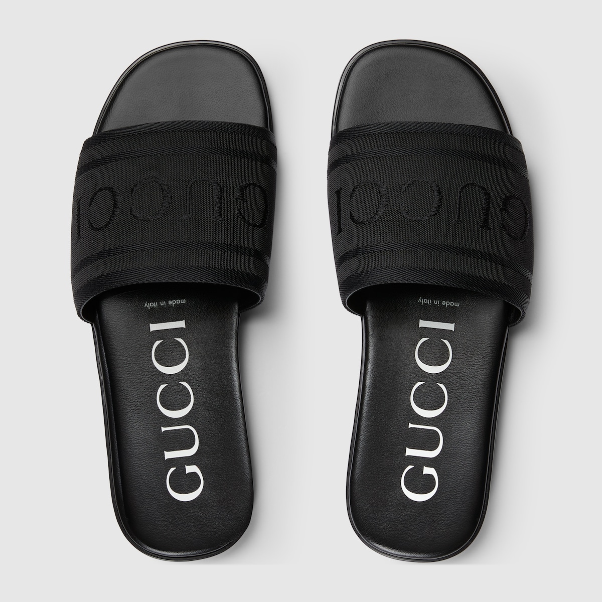 Men's slide sandal with tonal logo in black jacquard fabric | GUCCI® PT