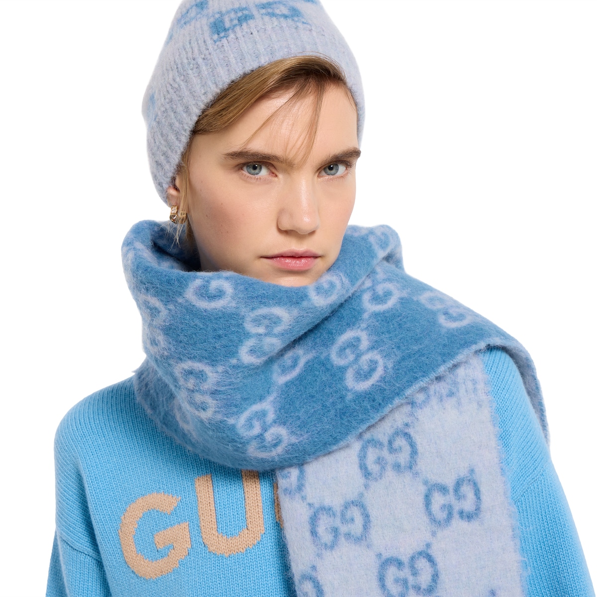 kei✪グッチGUCCI✪ダブルGGマフラー シェリーライン アルパカ GG alpaca wool blend scarf in blue and light blue | GUCCI® US