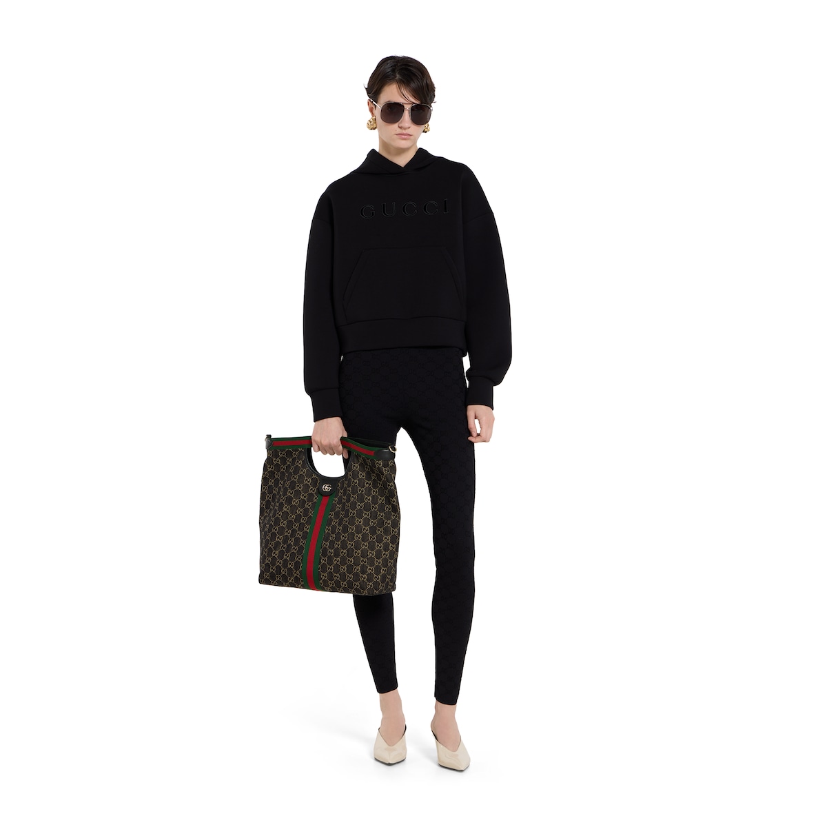 Gucci Giglio large tote bag in black and white GG denim | GUCCI® JP