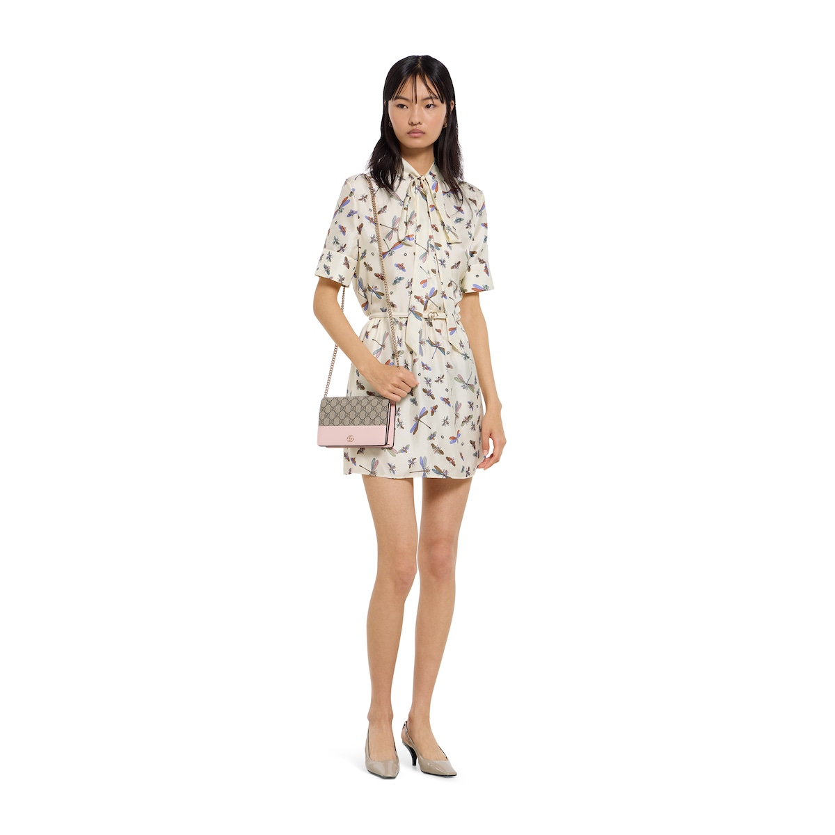 Bi-color GG Marmont wallet on chain in beige and black leather - thumbnail 9