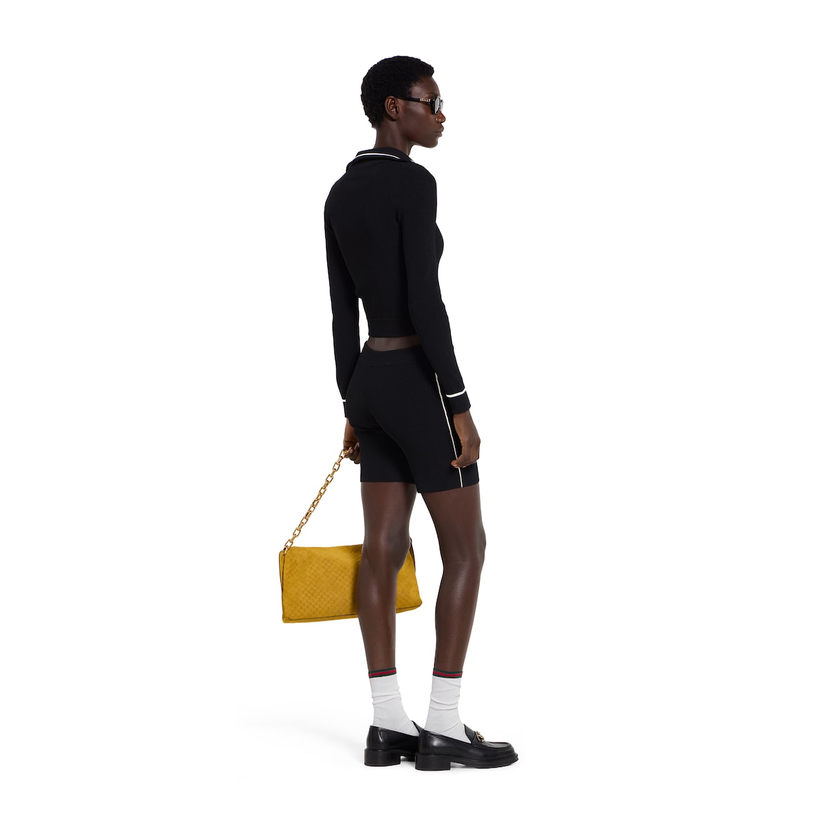 Ribbed shorts with intarsia in black