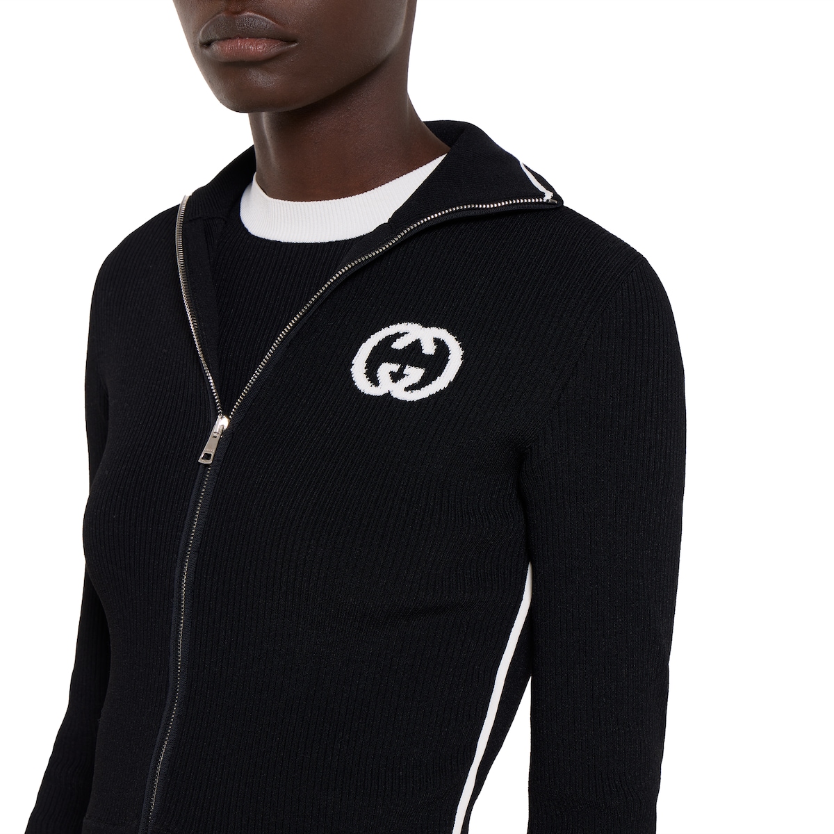 Ribbed zip jacket with intarsia in black | GUCCI® US