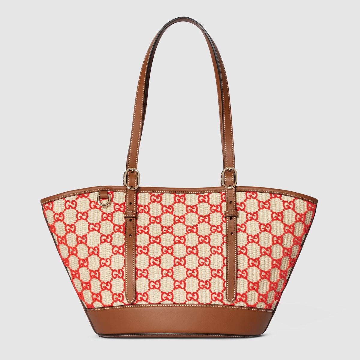 Woven small tote bag in natural and red fabric - thumbnail 5