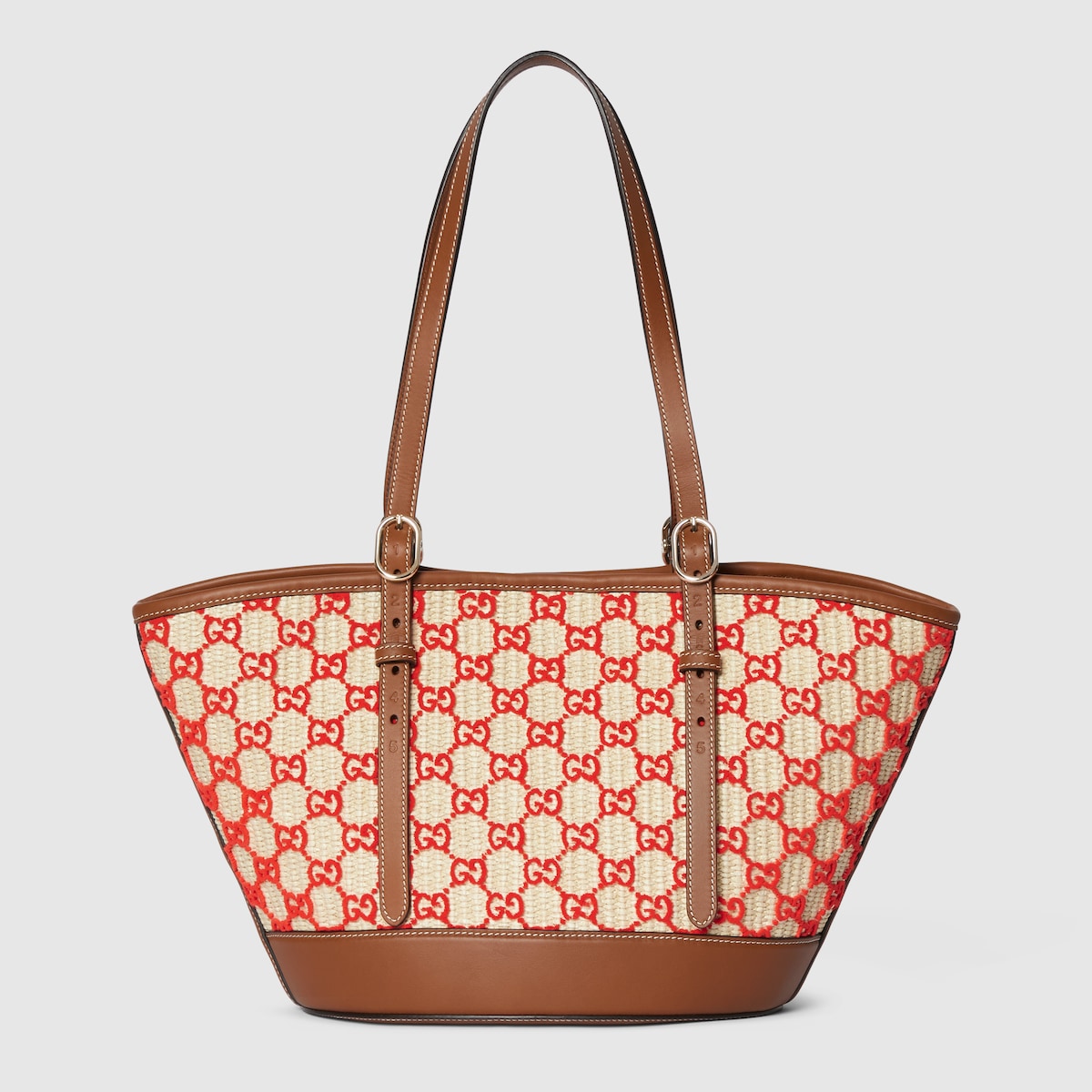Woven small tote bag in natural and red fabric - thumbnail 6