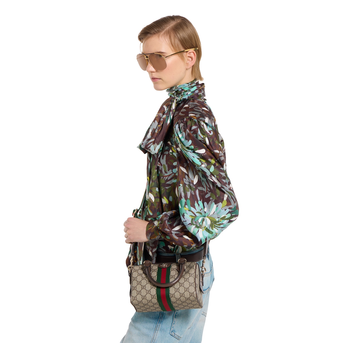 Ophidia small boston bag in beige and brown GG fabric - thumbnail 3