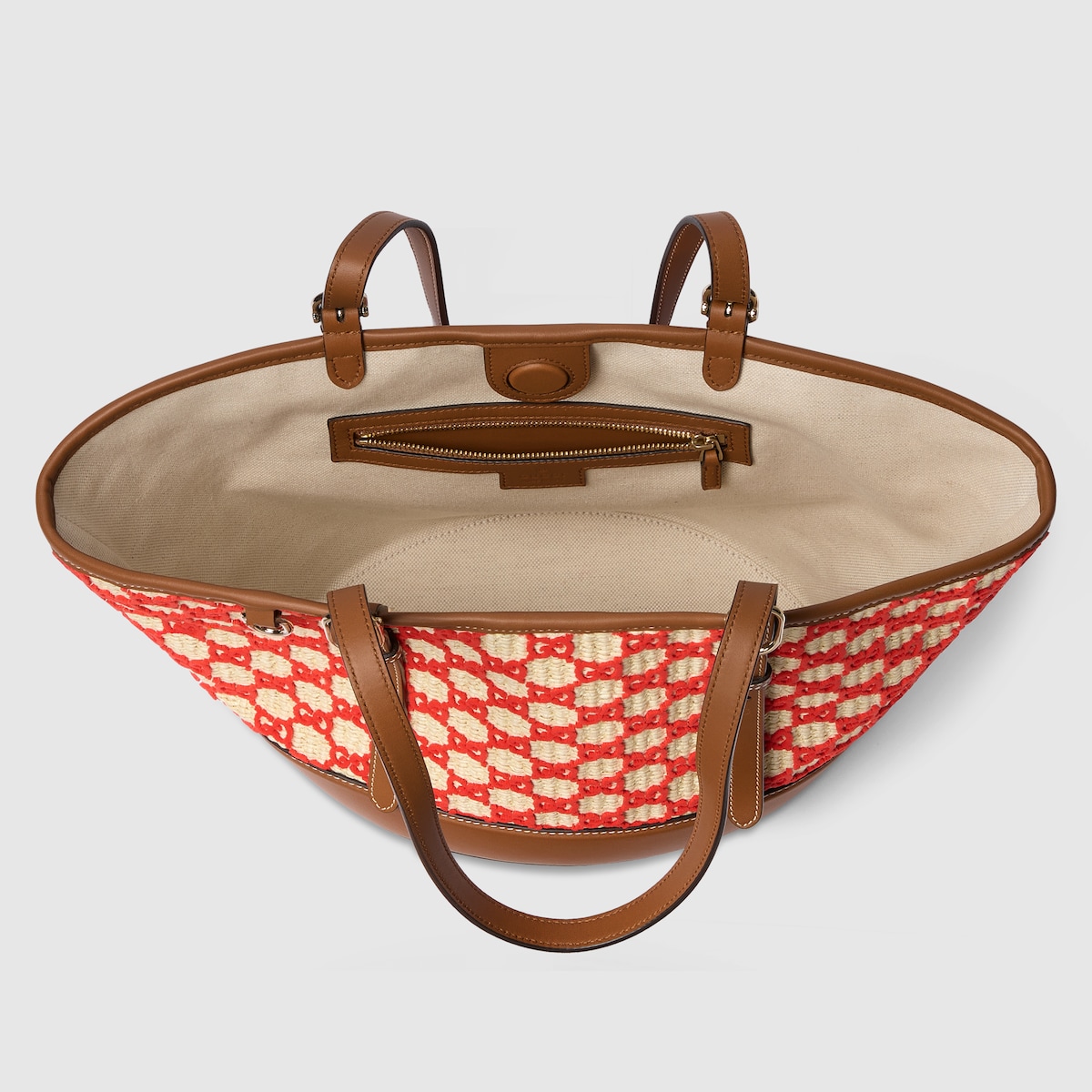 Woven small tote bag in natural and red fabric - thumbnail 3