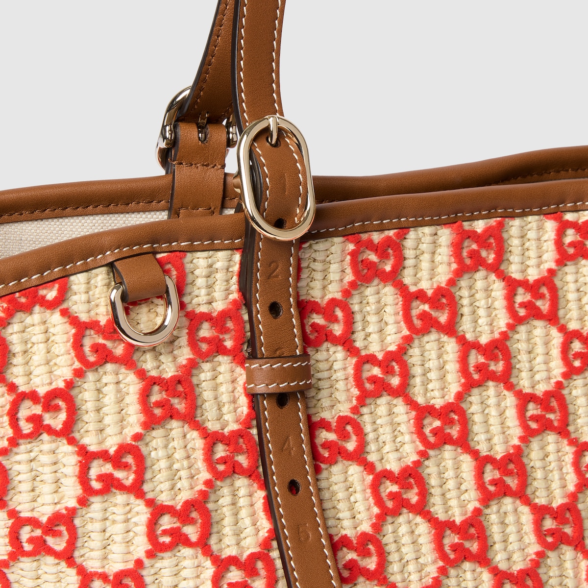 Woven small tote bag in natural and red fabric - thumbnail 2