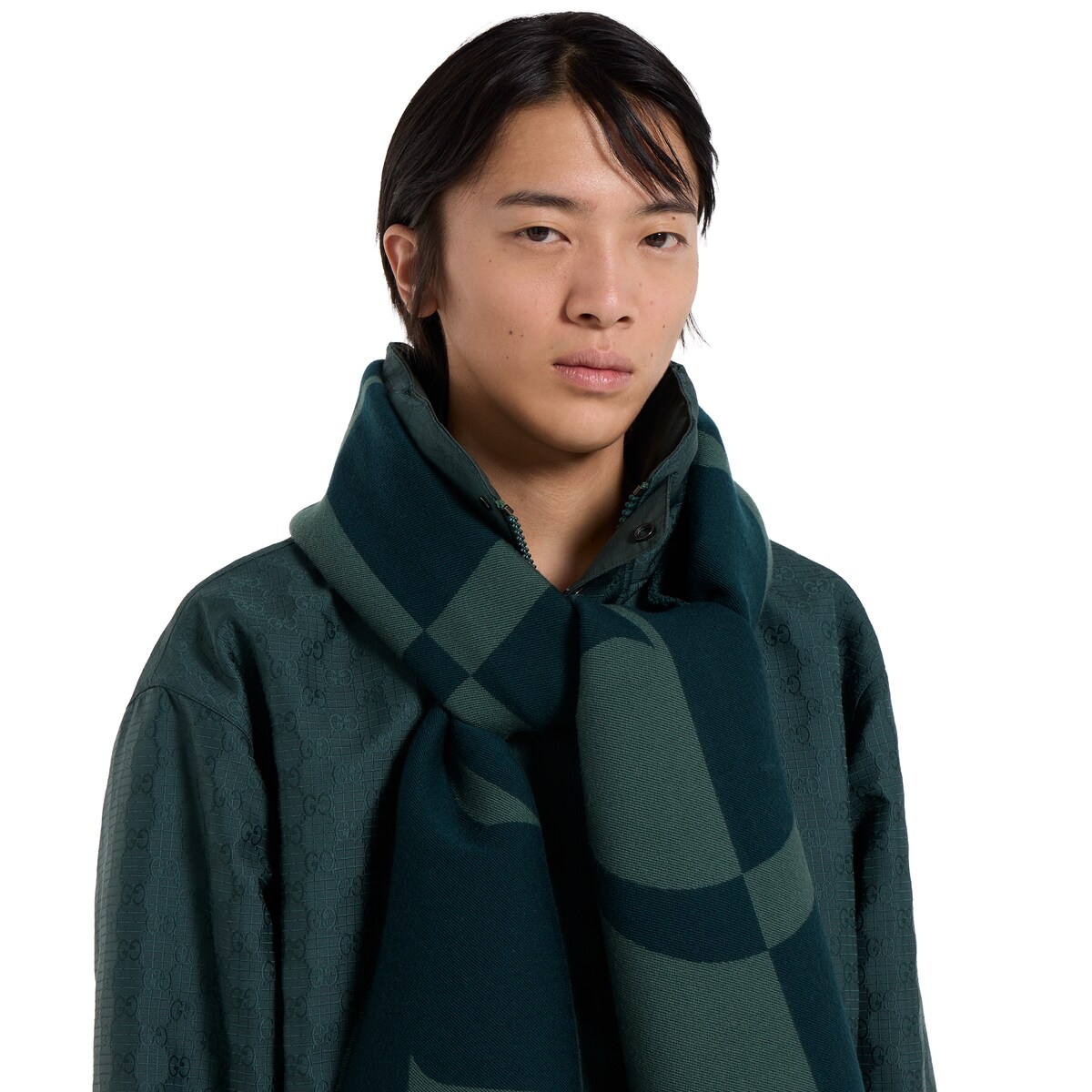 Wool scarf with Gucci logo in green and light green