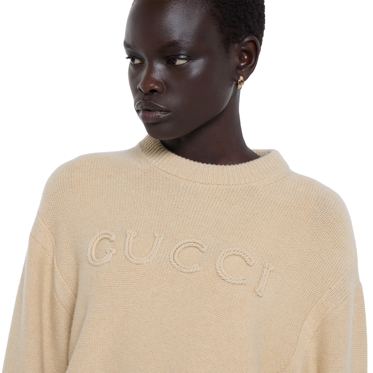 Wool cashmere sweater with embroidery in beige | GUCCI® US