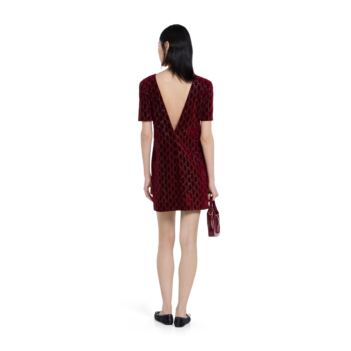 Embroidered cotton velvet dress in Gucci Rosso Ancora red