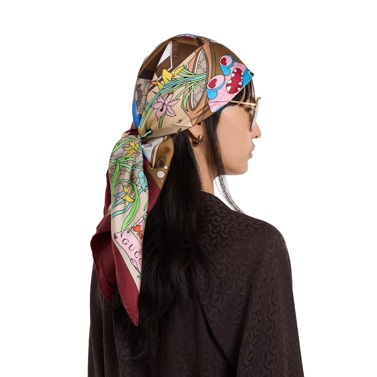 Gucci Besties printed silk twill carré in bordeaux | GUCCI® US