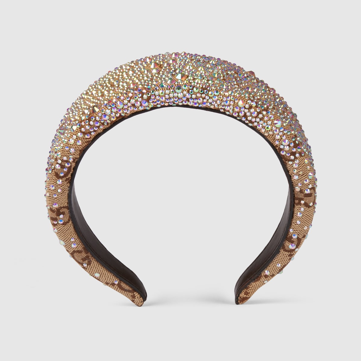 GUCCI ヘアバンド ブラウン ストーン装飾 GG canvas hairband with crystals in camel and dark brown | GUCCI® US