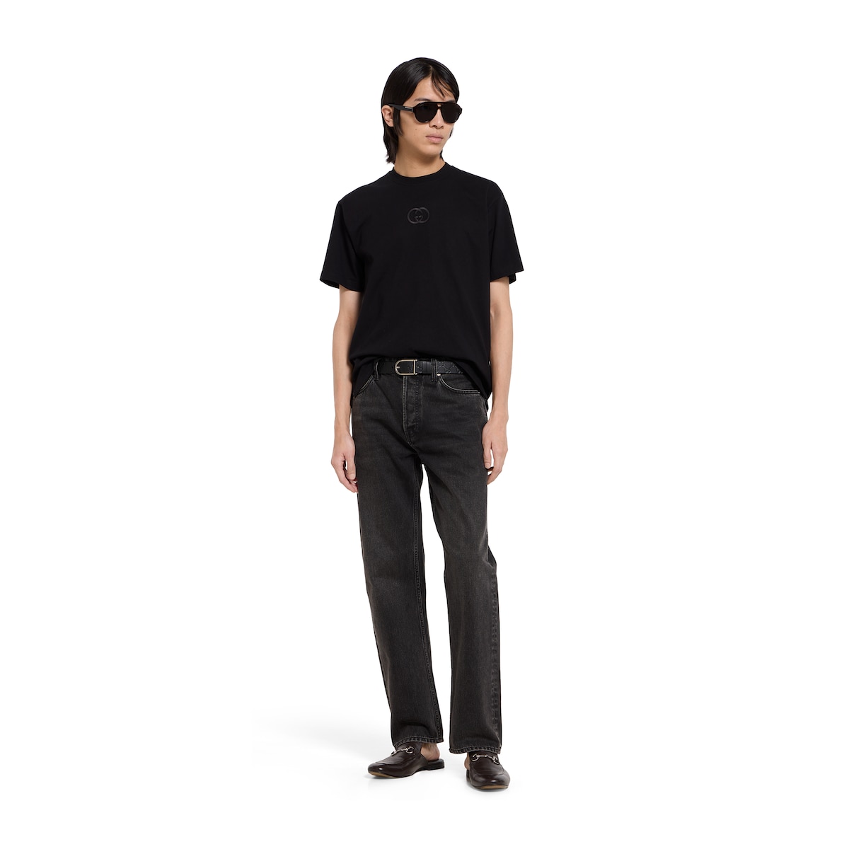 Reversible belt with rounded buckle in black GG leather and leather - thumbnail 2