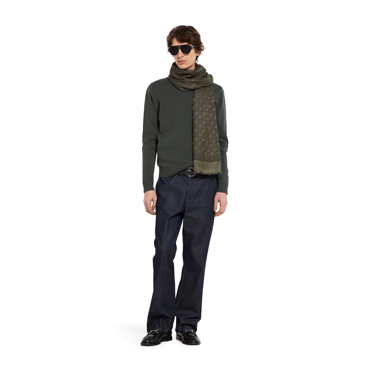 Silk wool Horsebit jacquard shawl in dark green