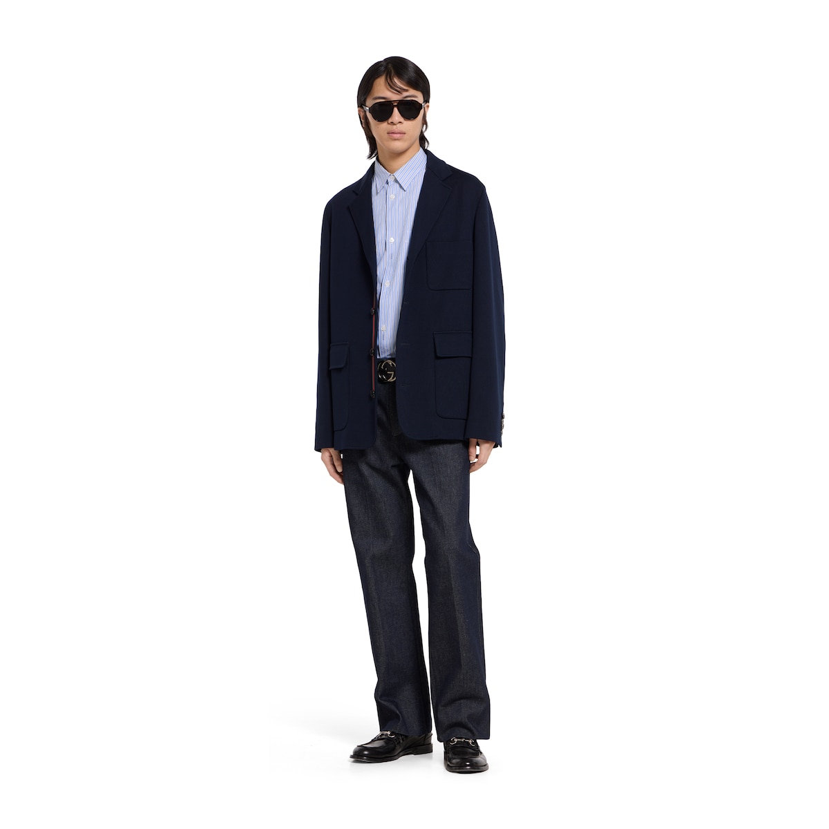 Single-brest cotton jersey jacket in dark blue | GUCCI® US