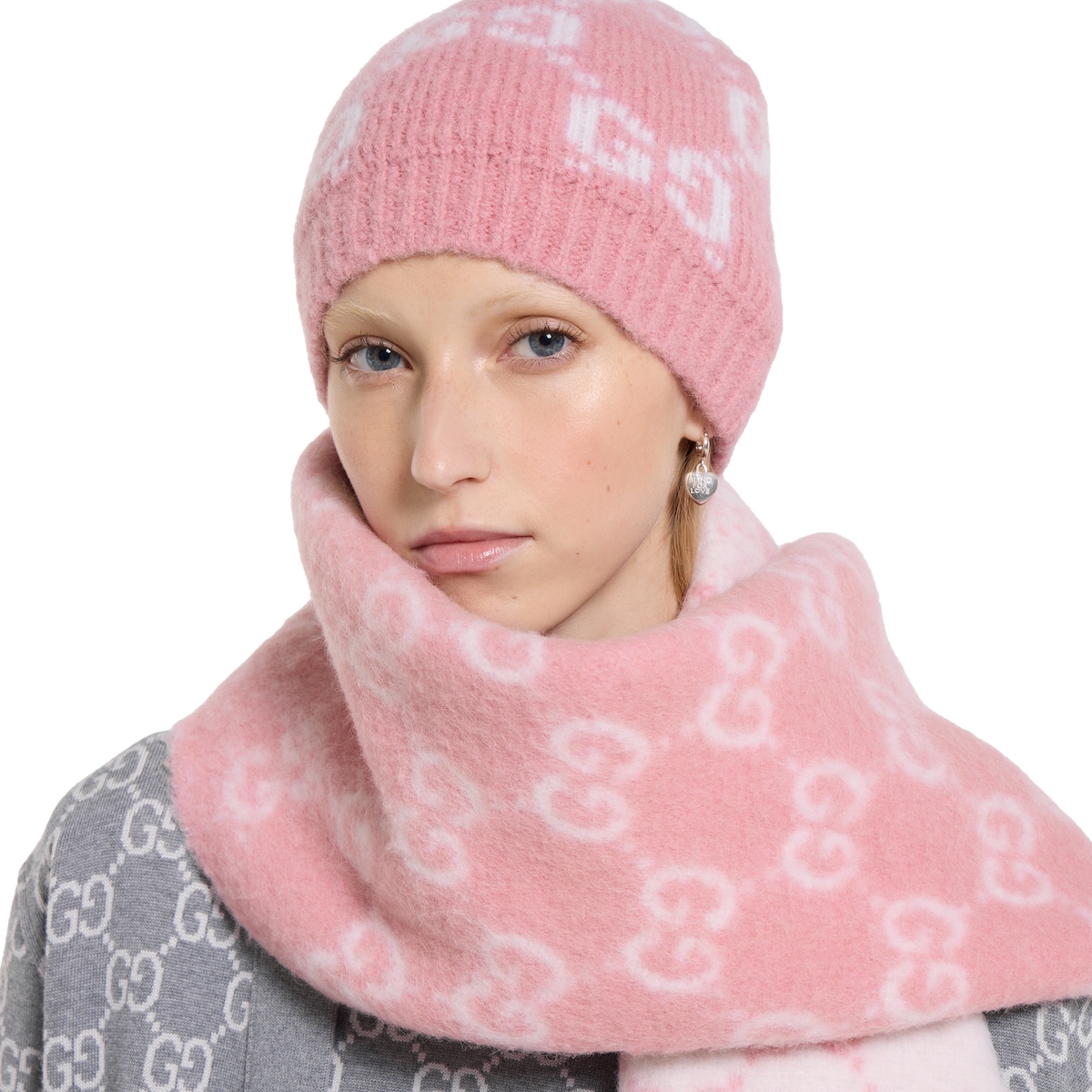 GG alpaca wool blend scarf in pink and white - thumbnail 6