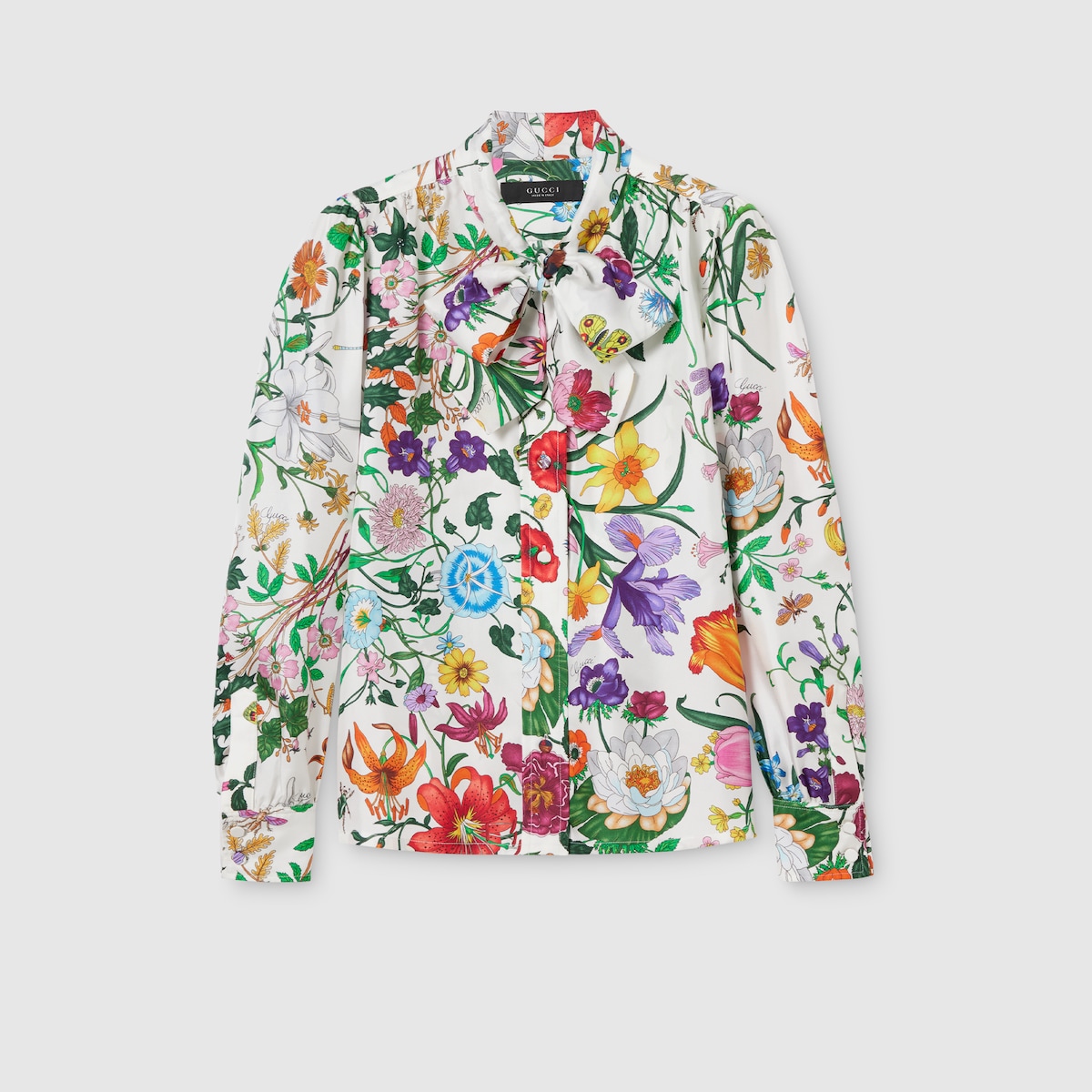 Printed silk twill shirt with bow in multicolor | GUCCI® US