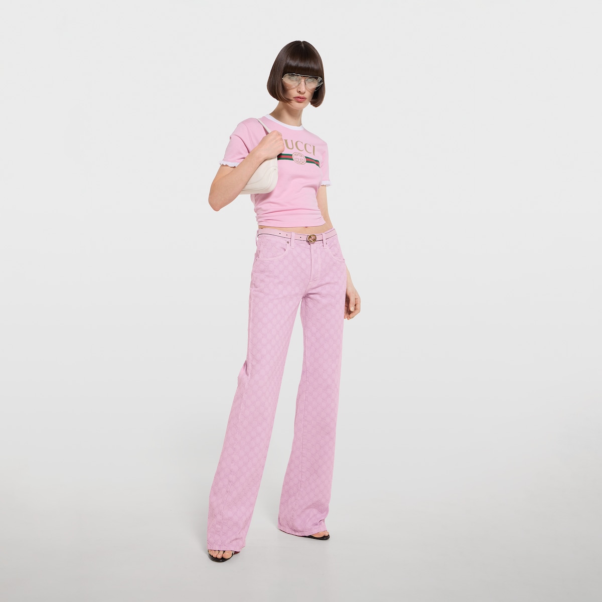 GG cotton denim jacquard pants in light pink