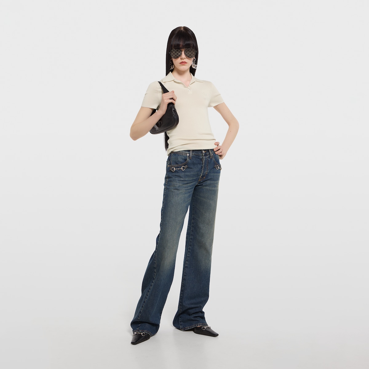 Cashmere silk polo shirt with embroidery in white - thumbnail 9